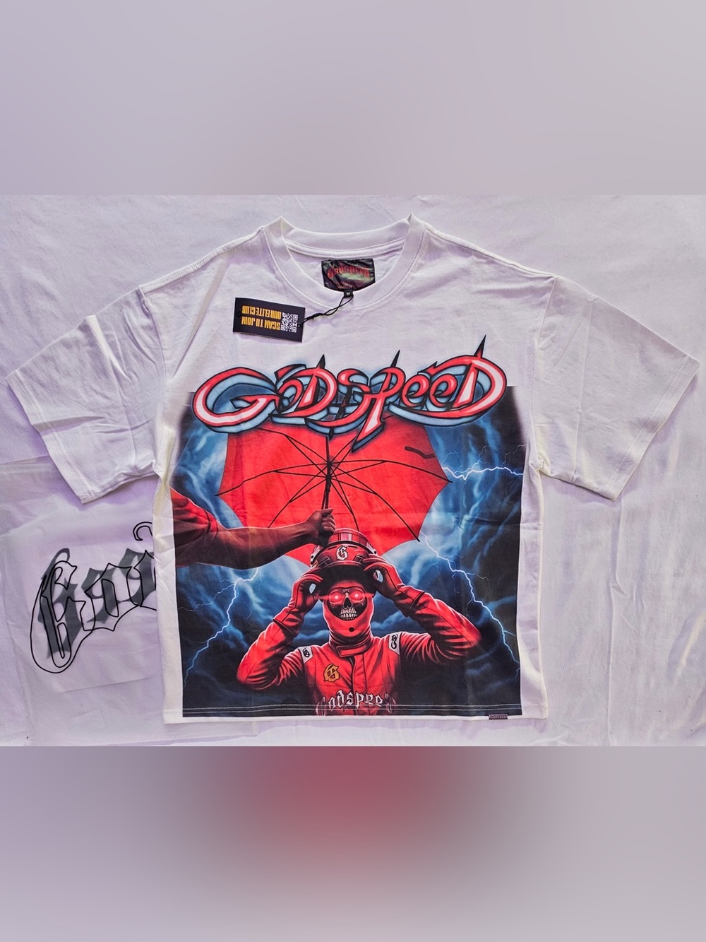 Godspeed Collection White Tee with Red Storm Rider Graphic